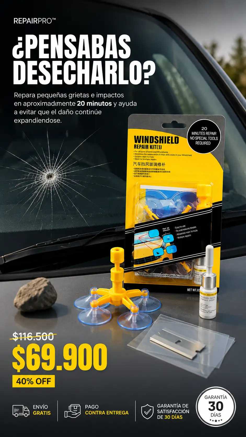 WINDSHIELD Reparador de cristal + Accesorios GRATIS