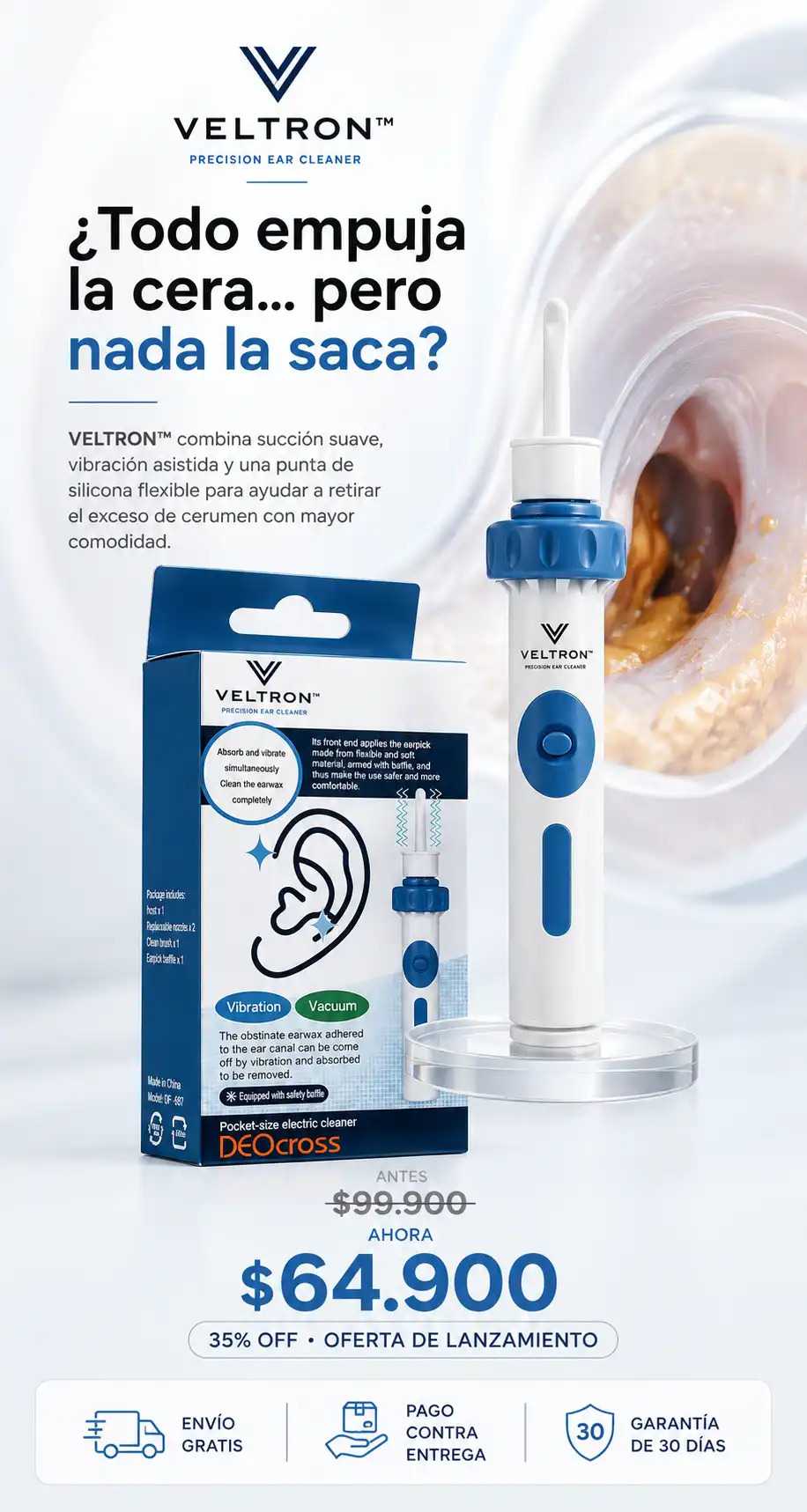 VELTRON™ Precision Ear Cleaner es un limpiador eléctrico de oídos, succión suave y vibración asistida